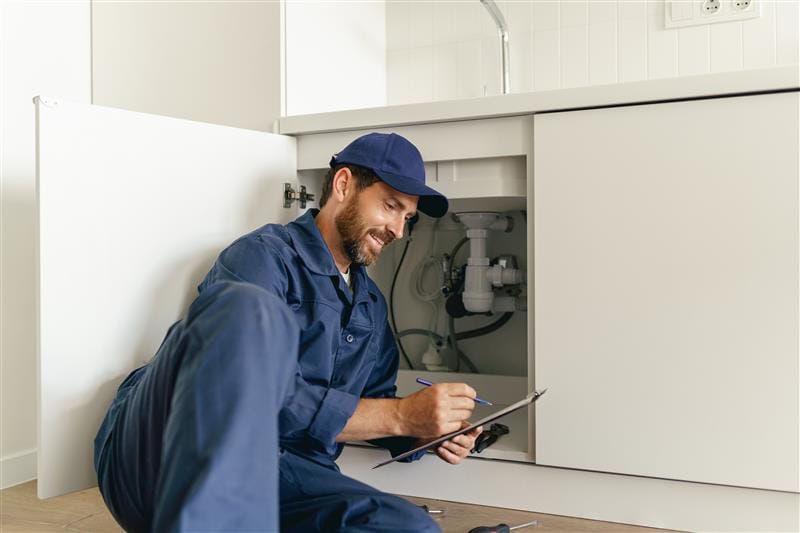 Residential plumber reviewing plumbing repairs in a Casselberry kitchen